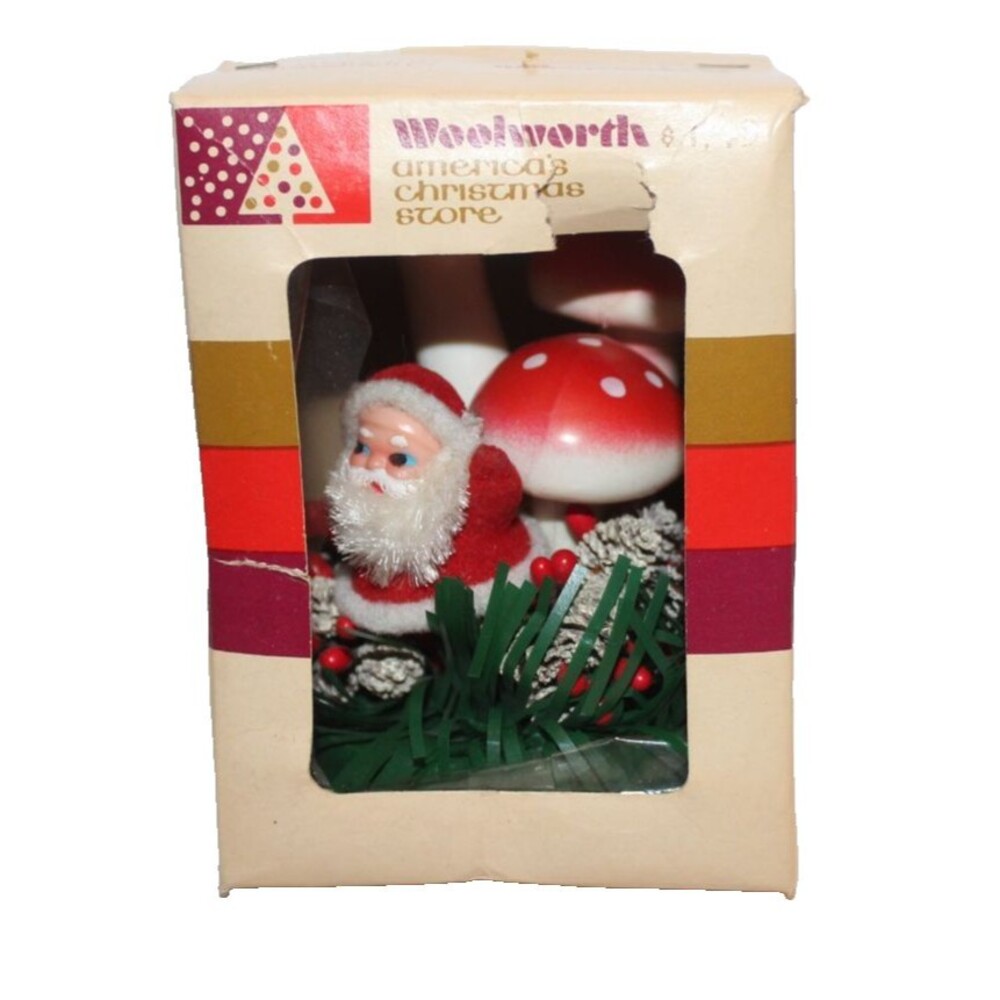 Vintage Woolworth's Santa and Mushrom Christmas Ornament In Original Box